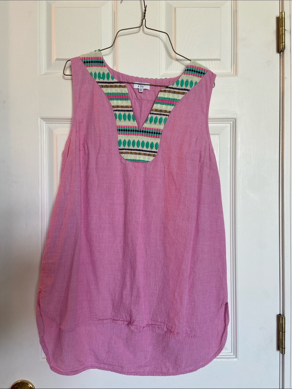 Women's Pink Sleeveless Top with Embroidered V-Neck